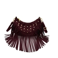 Burgundy faux suede saddle bag with golden studs and long bohemian tassels - Burgundy