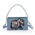 Light blue crossbody bag with elephant embroidery and pearl accents on tweed fabric - Blue