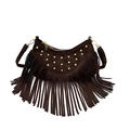 Dark brown faux suede crossbody bag with golden studs and long fringe tassels - Brown