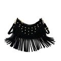 Black suede crescent bag featuring golden rivets and long fringes in punk rock style - Black