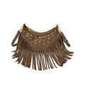 Brown faux suede crossbody bag with vintage rivets and long bohemian tassels - Khaki