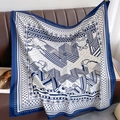 Detail of a blue and white silk scarf with equestrian prints on a brown sofa - Beige Blue (XW-95)
