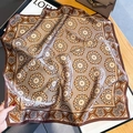 Vintage paisley silk square scarf with brown mandala patterns on a wooden tabletop - Coffee Edge / 65*65cm