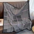 Detail of classic houndstooth pattern square scarf with elegant silk-like satin finish - Black & White Houndstooth (XW-15-Black)