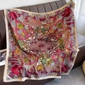 Detail of artistic floral twill scarf with vintage red patterns on a leather sofa - Beige Border (XW-45)