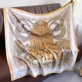Detail of a 90cm square silk scarf with gold classical architectural motifs and trim - 90x90cm / Yellow Edge (XW-57)