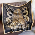 Macro detail of silk-like satin square scarf with vintage gold architecture pattern - 90x90cm / Black (XW-57)