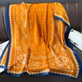 Elegant large silk-like square scarf with orange paisley patterns and navy blue borders - 80x180cm / Orange