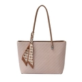 Classic patterned tote bag with brown handles and a chic houndstooth scarf decoration - Khaki