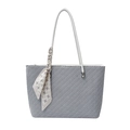 Gray and white monogram tote bag with leather straps and decorative floral silk scarf - White