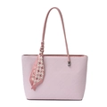 Pink and white patterned tote bag with leather handles and decorative floral silk scarf - Pink