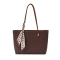 Dark brown textured tote bag with light brown straps and decorative scarf detail - Brown