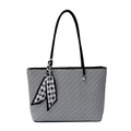 Black and white woven tote bag with a houndstooth scarf and long black handles - Black and White