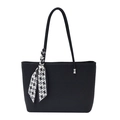 Black woven texture tote bag with stylish geometric silk scarf detail and long leather straps - Black