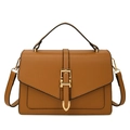 Vintage brown leather crossbody bag with top handle and golden square buckle detail - Brown