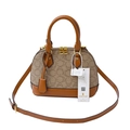 Borsa a conchiglia vintage in tela beige e pelle marrone con doppi manici - Cachi e Marrone (Grande)