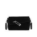 Chic black suede crossbody square bag with a bold silver chain link lock design - Black