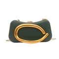 Dark green evening clutch bag with gold C-shaped metal ornament and chain strap - Green