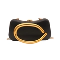 Chic black matte clutch bag with gold C-shaped metal decoration and thin chain strap - Black