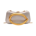 Silver metallic hard shell clutch bag with gold C-shaped logo and chain strap - Silver