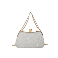 Elegant silver lace evening clutch bag with gold chain and large pearl clasp detail - Silver