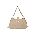 Champagne gold evening clutch bag with woven texture, pearl clasp and chain strap - Gold