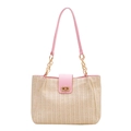Borsa tote beige in paglia intrecciata con cinturini rosa e chiusura dorata - Rosa