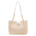 Borsa tote in paglia intrecciata beige con manici in pelle bianca e dettagli oro - Bianco Sporco