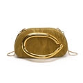 Fashionable gold clutch bag with metallic pleated fabric and unique large C-shaped handle - Brown