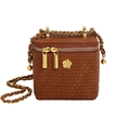 Sac boîte marron plissé avec fleur dorée et bandoulière chaîne en cuir - Grand / Marron