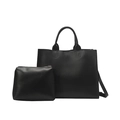 Conjunto de bolso tote negro de cuero con neceser a juego y detalles dorados - Negro