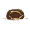Brown suede box bag with a large gold C-shaped buckle and slim snake chain strap - Brown