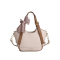 Borsa a mano in pelle martellata beige con manici marroni e sciarpa di seta a pois rosa - Bianco-Marrone
