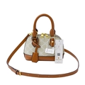 Borsa a mano a conchiglia in pelle marrone e tela monogramma beige con tracolla - Bianco Riso e Marrone (Piccolo)