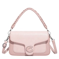 Pink PU leather handbag with checkered embossing and stylish woven handle on white background - Pink