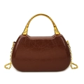 Vintage brown leather box bag with bamboo metal handle and gold chain shoulder strap - Brown