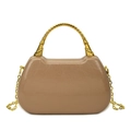 Khaki structured box handbag with shiny oil wax finish and gold bamboo metal handle - Khaki