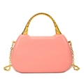 Pink cat-ear shaped box bag with glossy pleated texture and golden bamboo metal handle - Pink