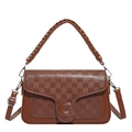 Brown faux leather saddle bag with checkered pattern flap and metal C buckle - Brown
