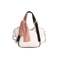 Borsa a secchiello beige con trama a grana, manici neri e foulard decorativo - Bianco-Nero