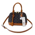 Borsa a mano retrò in tela monogramma marrone e pelle con doppie cerniere dorate - Caffè e Marrone (Grande)