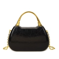 Minimalist black box bag with wrinkled patent leather texture and gold bamboo handle - Black