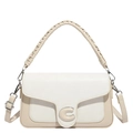 Elegant beige quilted satchel bag with metallic C-buckle and woven top handle - Khaki