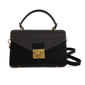Classic black crossbody box bag with woven texture flap and gold buckle closure - Black