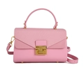 Pink box crossbody bag with woven texture flap and gold metal hardware lock closure - Pink