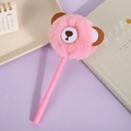 Pink cartoon bear plush pom-pom pen with soft faux fur head and embroidered ears - Pink