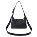 Dark grey polka dot denim hobo bag with bow detail and heart pendant on shoulder strap - Black