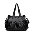 Large black tote bag in glossy oil wax PU leather with adjustable shoulder strap - Black