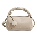 Beige Boston bag in pebbled leather featuring a trendy ruched handle and silver hardware - Apricot