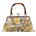 Bamboo handle handbag with cartoon teddy bear print and elegant pearl chain strap - Yellow